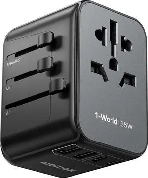 MOMAX Universal Travel Adapter Worldwide 35W, Fast Charging International Power Adapter with PD3.0, QC3.0, USB C, All in One World Plug Adapter for US EU UK AUS Laptops Tablets Phones, Small Size