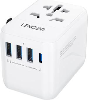 LENCENT Universal Travel Adapter, International Charger with 3 USB Ports & Type-C Charging Adaptor for Cellphones,Laptop, All in One Travel Plug Adapter for Over 200 Countries (USA UK EU AUS) (White)