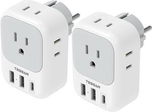 TESSAN 2 Pack Type E F Plug Adapter USB C, Germany France Power Adaptor with 3 USB Charger Ports(1 USB C), 4 AC Outlets Travel Plug for US to Europe EU Spain Iceland Korea Greece Russia German French