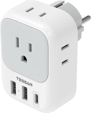 TESSAN Type E F Plug Adapter, Germany France Power Adapter with 3 USB Ports(1 USB C), 4 AC Outlets Travel Converter Plug Adaptor for US to Europe EU Spain Iceland Korea Greece Russia German French