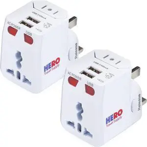 Universal Travel Adapter (2 USB Ports)  Power Plug for US Europe France UK Ireland Thailand NZ Australia 100+ Countries (2-Pack)