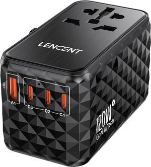 LENCENT 120W International Travel Adapter, GaN Universal Travel Adapter with 1 USB-A & 3 Type C Power Adapter, Fast Charger for Phone,Laptops, Worldwide Plug Adapter for USA/UK/EU/AUS, Black