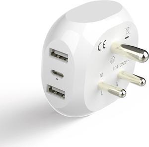 Ceptics India, Pakistan Travel Adapter - 5 Input with QC 3.1A Dual USB and USB-C - Ultra Compact - Light Weight - USA to Any Type D Countries Such as Bangladesh, Maldives and More (PTU-10), White