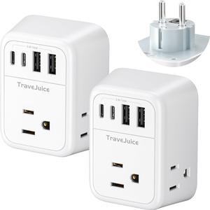 [2-Pack] Type E/F Plug Adapter, TraveJuice European Travel Plug Adapter with 4 Outlets 4 USB Ports (2 USB-C), Travel Essentials for US to Europe EU Spain Iceland Korea Greece Russia