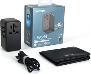 MOMAX 140W Universal Travel Adapter, GaN Technology, EU/UK/AUS/US/JP Worldwide, Fast Charging for iPhone, MacBook pro, Vision Pro, Charging Cable Included