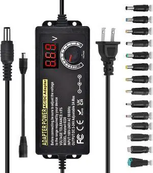 72W Universal Power Adapter 3V ~ 24V Variable Adjustable Power Supply Switching 100V-240V AC/DC Power Adapter with Volt Display & Adjustable Voltage & 14pcs Tips