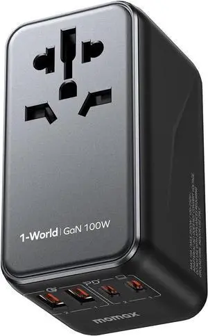 Universal Travel Adapter, 100W Fast GaN International Power Adapter, 2PD USB-C+2QC USB-A Travel Adapter, US, UK, EU, AU Travel Adapter Worldwide for Laptops, Tablets, Phones, Vision Pro