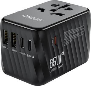 LENCENT International Travel Adapter, 65W GaN3 Universal Fast Charger with 2 USB A + 3 Type C PD, Worldwide Power Adaptor for Phones,Laptops, All in One Travel Essentials for EU/USA/UK/AU, Black