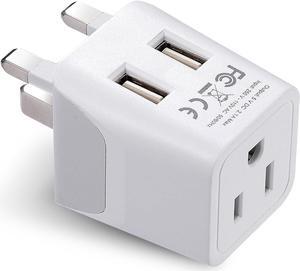 Ceptics UK Travel Adapter Plug - with 2 USB + USA Socket Input - Type G - Ultra Compact - Safe Grounded Perfect for Cell Phones, Laptops, Camera Chargers