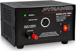 Universal Compact Bench Power Supply - 10 Amp Linear Regulated Home Lab Benchtop AC-to-DC Converter w/ 13.8 Volt DC 115V AC 250W Input, Screw Type Terminal, 12V Car Cigarette Lighter - Pyramid PS15K