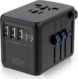 USB-C PD 35W Universal Travel Adapter ,Fast International Travel Power Plug Adapter, 3*2.4A USB-A & 2*3A Tyep-C Multi AC Sockets, All-in-one Travel Outlet Power Adapter for EU US UK AU 200+ Countries