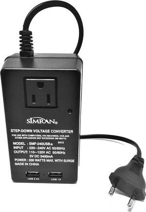 Simran Deluxe 2-in-1 Voltage Converter 2 USB Ports and 1-AC Outlet 200 Watt For 220V International Travel, SMF-240USB