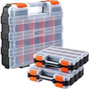 3 Pack Double Sided Tool Box Hardware Storage Organizer Small Parts Case Portable Plastic Tackle Container with 34 Removable Dividers for Organizing Screws Nuts Nails Bolts (Orange)
