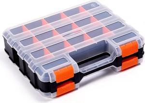 Double Side Tool Storage Box with Removable Plastic Partition, Hardware Box Storage, 34-Compartments, Excellent for Screws, Nuts, Small Parts, Black/Orange