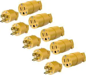 ENERLITES Electrical Replacement Plug & Connector Set, Extension Cord Ends Male and Female, 15 Amp 125 Volt, Straight Blade Plug Grounding Type, NEMA 5-15P & 5-15R, UL Listed, 66202-Y, Yellow, 5 Pack