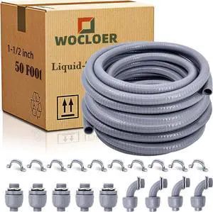 Wocloer 1-1/2 inch 50 Foot Liquid-Tight Conduit Kit, Flexible Non Metallic Electrical Conduit and Connector Kit, With 5 Straight and 4 Angle Fittings and Pipe Strap.