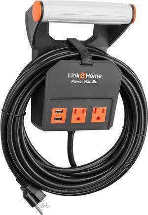 Link2Home 20 Ft. Power Handle Extension Cord W/ 2 Outlets & 2 USB Ports - Wall Bracket & Hardware Included