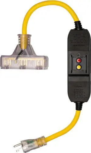 Portable GFCI Extension Cord | 2-Foot 12/3 Gauge SJTW Lighted Inline GFCI Extension Cord 3-outlets