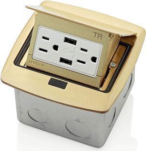 Leviton PFUS1-BR Pop-Up Floor Box with Dual Type A, 3.6 USB Charger, 15 Amp Outlet, Brass