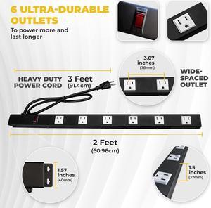 6 Outlets 3 Feet Power Cord 2 Feet Body Opentron OT2063 Heavy Duty Metal Surge Protector Power Strip with Mounting Parts - Free End Caps for Shipping Protection Only Black