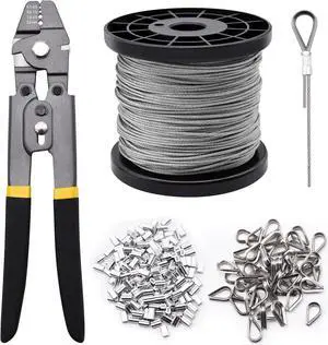 328ft Wire Rope Crimping Tool Kit, Stainless Steel Wire Rope Cable with Aluminum Crimping Sleeves and Stainless Steel Thimbles for Railing, Decking, Picture Hanging (328ft)