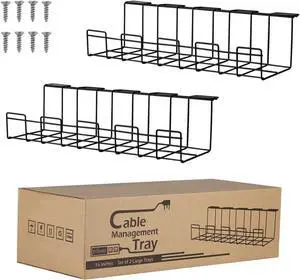 Under Desk Cable Management Tray 2 Packs, 16 inches Under Table Cord Organizer for Wire Management, Metal Wire Cable Mesh Holder for Desks, Offices and Kitchens (Black)