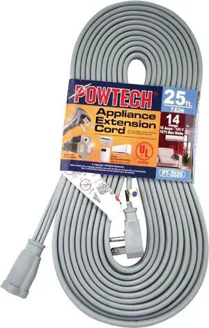 POWTECH Heavy Duty 25 FT Air Conditioner and Major Appliance Extension Cord UL Listed 14 Gauge, 125V, 15 Amps, 1875 Watts Grounded 3-PRONGED Cord