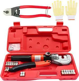 CKE Upgraded 10 Ton Hydraulic Cable Crimper Hand Tool for 1/8, 3/16 Stainless Steel Cable Railing Fittings - Heavy Duty Head with 9 Dies and Cable Cutter