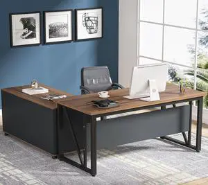 Tribesigns 55 inches Executive Desk and 43" lateral File Cabinet, L-Shaped Computer Desk Home Office Furniture with Drawers and Storage Shelves, Office Table with Cabinet (Walnut, 55)