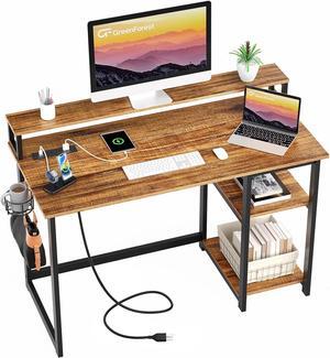 GreenForest Computer Desk with USB Charging Port and Power Outlet, Reversible Home Office Desk with Monitor Stand and Storage Shelves, 40 inch Work Desk with Cup Holder and Hook, Walnut