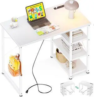 AODK 32 Inch Computer Desk Study Table, Home Office Desk with Power Outlet and USB & Type C Charging Port, Writing Desk with 3-Tier Reversible Storage Shelf (32''x16'', White)