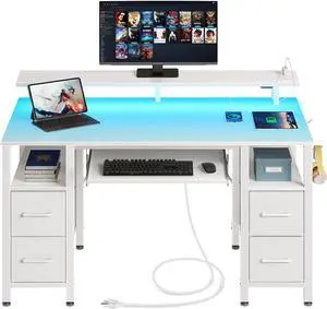 Seventable Computer Desk 47.2" with LED Lights & Power Outlets, Home Office Desk with 4 Drawers, Writing Desk with Keyboard Tray, Study Desk with Monitor Stand, Work Desk for Home Office, White