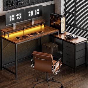 Huuger Reversible L Shaped Computer Desk with Drawers, Gaming Desk with LED Lights and Power Outlets, Office Desk with Storage, Corner Desk with Monitor Stand, for Home & Office, Rustic Brown