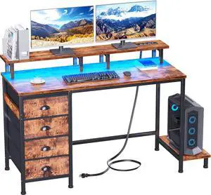 Furologee Desk with Power Outlets and LED Lights, 47in Gaming Computer Desk with 4 Fabric Drawers, Home Office Desk with Full Monitor Stand and Shelf, Study Writing Desk Bedroom, Rustic Brown