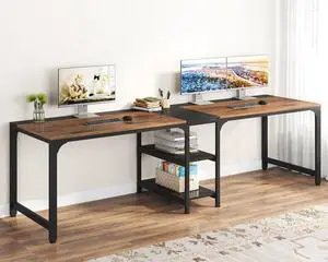 Tribesigns 90.55'' 2 Person Desk with Storage Shelves, Double Computer Desk with Spacious Desktop, Extra Long Study Writing Table Workstation for Home Office (Black & Brown)