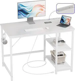 JOISCOPE 40 x 24 Inch Small Gaming Computer Desk with USB & Type-C Outlet, Home Office Desk with Storage Shelves for Bedroom, Modern Simple Home Office, Writing Table, White