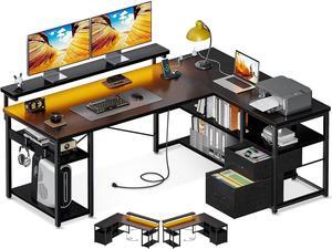 L Shaped Gaming Desk with File Drawers, Reversible Computer Desk with Power Outlets & LED Lights, Home Office Desk with Storage Shelves, 61 Inch Bedroom Corner Desk with Monitor Stand, White