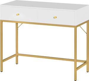 SUPERJARE 35.4" White and Gold Desk with 2 Drawers, Modern Makeup Vanity Desk, Small Computer Desk Home Office Desk for Writing Study Bedroom