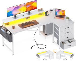 ODK 63" Reversible L Shaped Computer Desk with 4-Tier Fabric Drawers, Gaming Desk with LED Lights & USB Power Outlets & Charging Port & CPU Stand & Monitor Stand for Home Office Workstation, White
