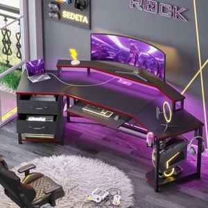SEDETA 79" Gaming Desk, Computer Desk with 2 Fabric Drawers & LED Light, L Shaped Gaming Desk with Storage Shelf for Home Office, Carbon Fiber Black&Red