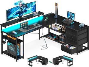 AODK 61" L Shaped Desk with Drawer, Computer Desk with Power Outlets & LED Lights, Reversible Corner Gaming Desk for Home Office Workstation, Office Desk with Monitor Shelf, Pure Black