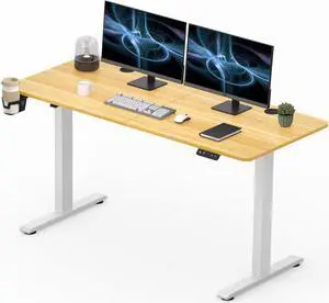 FitStand Adjustable Stand Up Desk with Memory Preset, Standing Desk 55 x 24 Inch Electric Stand Up Desk Home Office Desk Computer Workstation Sit Stand Desk, Splice Maple Top + White Frame