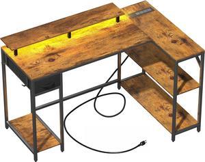 Eivanet L Shaped Gaming Desk with Power Outlet & LED Light, Corner Gaming Desk with Hook & Monitor Stand, Reversible Computer Office Desk with Drawer and Storage Shelves for Home Office
