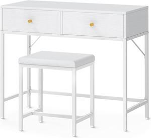 SUPERJARE 35.4" White Desk with 2 Drawers, Modern Makeup Vanity Desk with Padded Stool, Small Computer Desk Home Office Desk for Writing Study Bedroom
