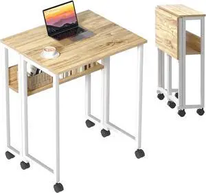 GreenForest Folding Desk Small Rolling Desk with Storage Shelf,24.8 inch Foldable Computer Desk with Wheels for Small Space, Easy Assembly,Oak