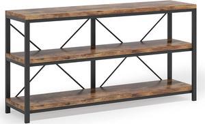 55 Inches Long Sofa Table with Storage Shelves, 3 Tiers Industrial Rustic Console Table with Open Shelves, Three Decorative Shelf, Open TV Shelf for Living Room, Hallway, Book