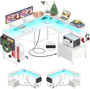Hyomdeck L Shaped Desk, Reversible L Shaped Computer Desk with File Drawer, Corner Desk for Gaming Writing, Home Office Desk with Monitor Shelf, White