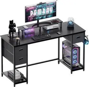 Pamray 55 Inch Computer Desk with Non-Woven Storage Drawers and Monitor Stand Home Office Desk for Bedroom Study Table Writing and Work Desk Black
