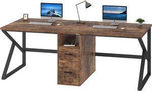 IBF 79" Two Person Office Desk,Large Double Long Pc Desk with File Drawer, 2 Person Computer Desk with Storage Cabinet Shelf, Industrial Wood Modern Work Dual Computer Table for Home, Rustic Brown