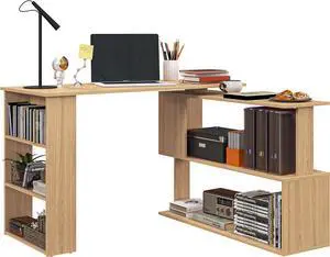 HOMCOM L Shaped Corner Desk, 360 Degree Rotating Home Office Desk with Storage Shelves, Writing Table Workstation, Maple